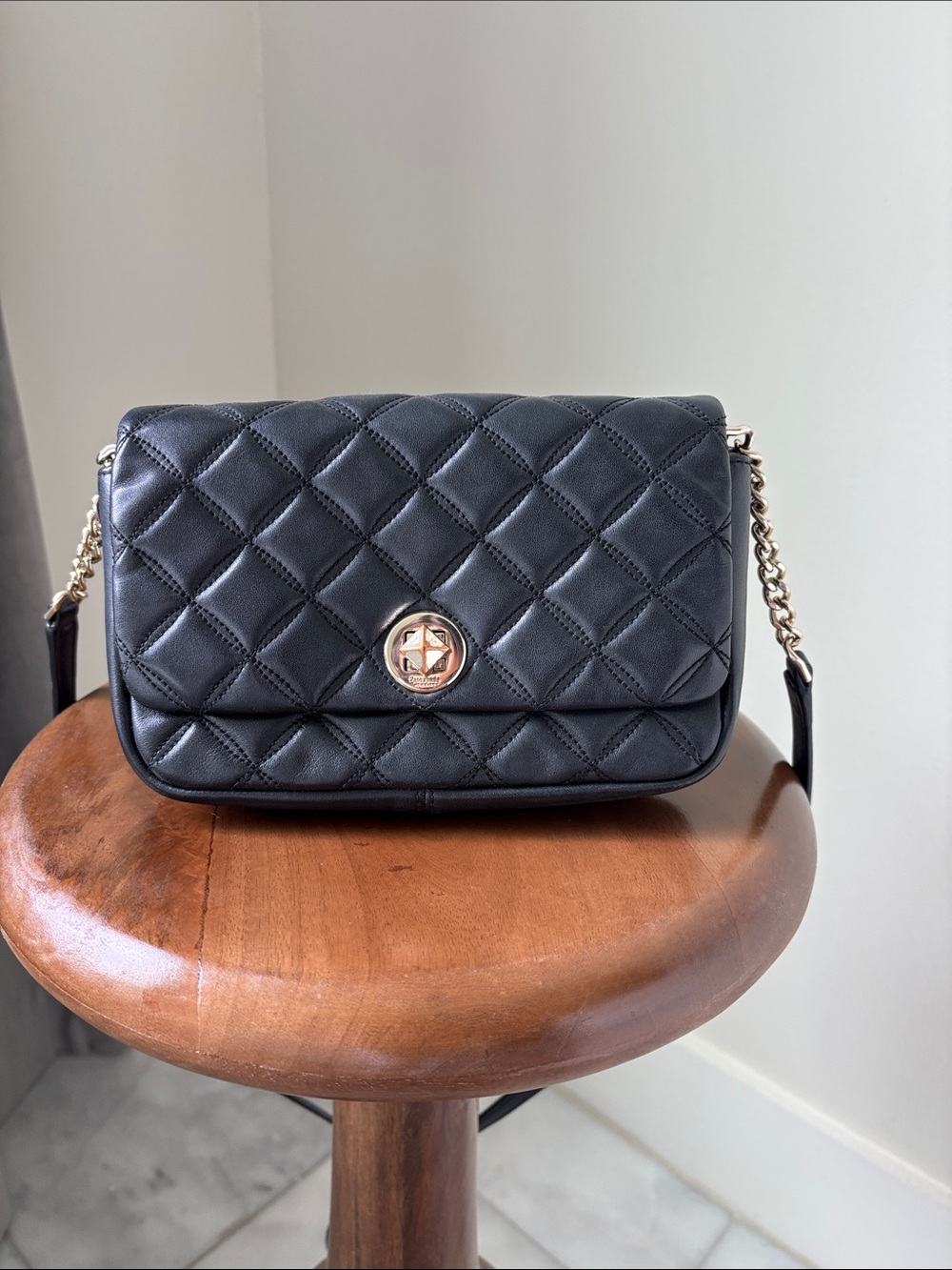 Quilted Black Leather Crossbody Bag with Gold Accent